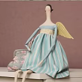Angel Doll With Yellow Wings Blue And White Striped Dress Holding Card And Floral Purse