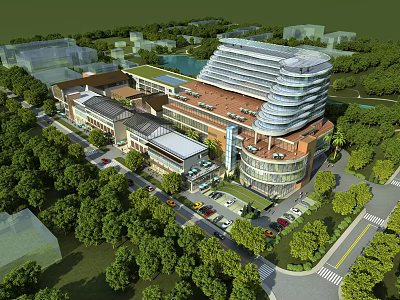 Birds Eye View Planning of Modern Building Complex With Green Landscape and Road Layout 3d model