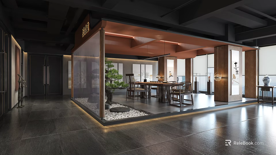 Modern Chinese Tea Room Interior With Wooden Table Glass Partition And Pine Bonsai 3d model 