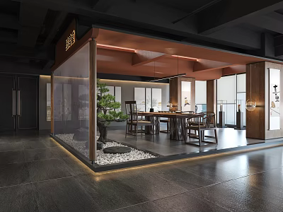 Modern Chinese Tea Room Interior With Wooden Table Glass Partition And Pine Bonsai 3d model