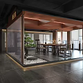 Modern Chinese Tea Room Interior With Wooden Table Glass Partition And Pine Bonsai