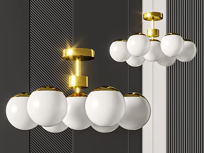 Modern Golden Chandelier With Multiple White Globe Shades And Sleek Design 3d model
