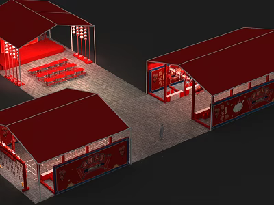 Traditional Chinese Commercial Street With Red Roofs Illuminated Lighting And Stone Pavement 3d model