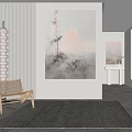 Modern Interior Design With Abstract Painting Wicker Chair Gray Rug And Plants