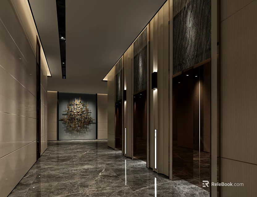 Elegant Modern Elevator Lobby Design With Marble Flooring Decorative Artwork And Lighting 3d model