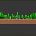Cartoon Pixel Art Garden Scene with Green Trees Checkerboard Paths and Water Features