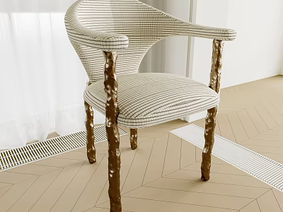 Modern Dining Chair Featuring Curved Armrests Striped Upholstery And Wooden Legs With Natural Texture 3d model