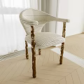 Modern Dining Chair Featuring Curved Armrests Striped Upholstery And Wooden Legs With Natural Texture