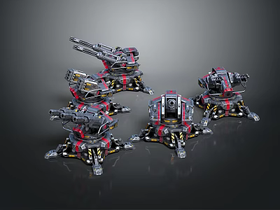 Sci Fi Multi Legged Mechanical Robots With Red Black Armor And Weapon Systems 3d model