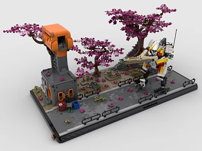 Block Built Tower Scene With Cherry Blossom Trees And Mech 3d model
