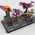 Block Built Tower Scene With Cherry Blossom Trees And Mech 3d model