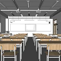School Classroom Interior With Neat Desks Chairs Whiteboard Windows Lighting And Ceiling Fans