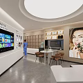 Modern Dental Clinic Reception Area Featuring Reception Desk TV Screen And Tables Chairs