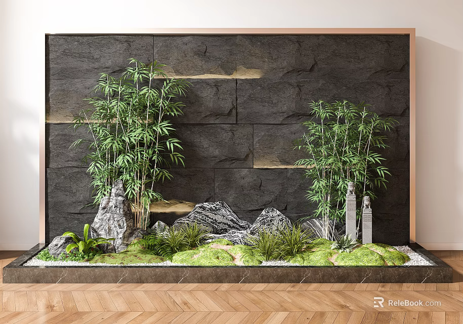Dark Stone Feature Wall Interior Design With Bamboo Plants Rock Formations And Green Moss 3d model