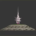Cartoon Scene Featuring Pink Spired Tower With Spiked Decorations On Green Grass And Stone Ground