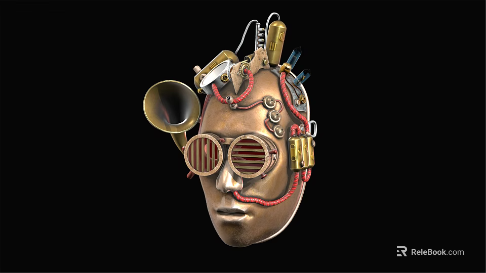 Steampunk Mask Design With Mechanical Parts Horn Gears And Goggles In Bronze Gold Metallic Texture 3d model 