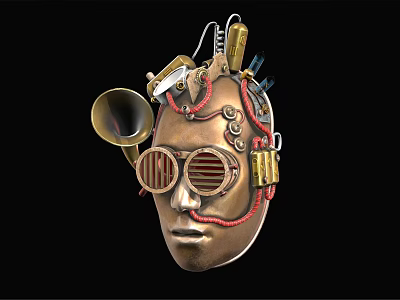 Steampunk Mask Design With Mechanical Parts Horn Gears And Goggles In Bronze Gold Metallic Texture 3d model