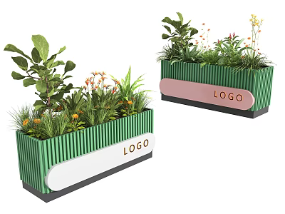 Bonsai Potted Plants in Green and Pink LOGO Planters with Mixed Foliage and Flowers 3d model