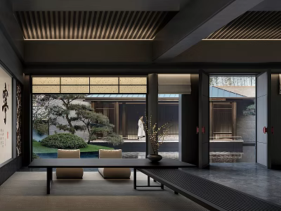 Traditional Zen Tea Room Interior With Wooden Slatted Ceiling And Courtyard Garden View 3d model