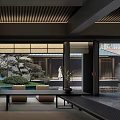 Traditional Zen Tea Room Interior With Wooden Slatted Ceiling And Courtyard Garden View