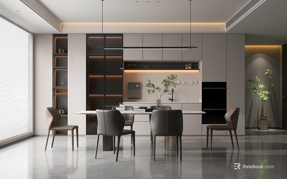 Modern Restaurant Interior Design With Open Kitchen Dining Table And Chairs 3d model