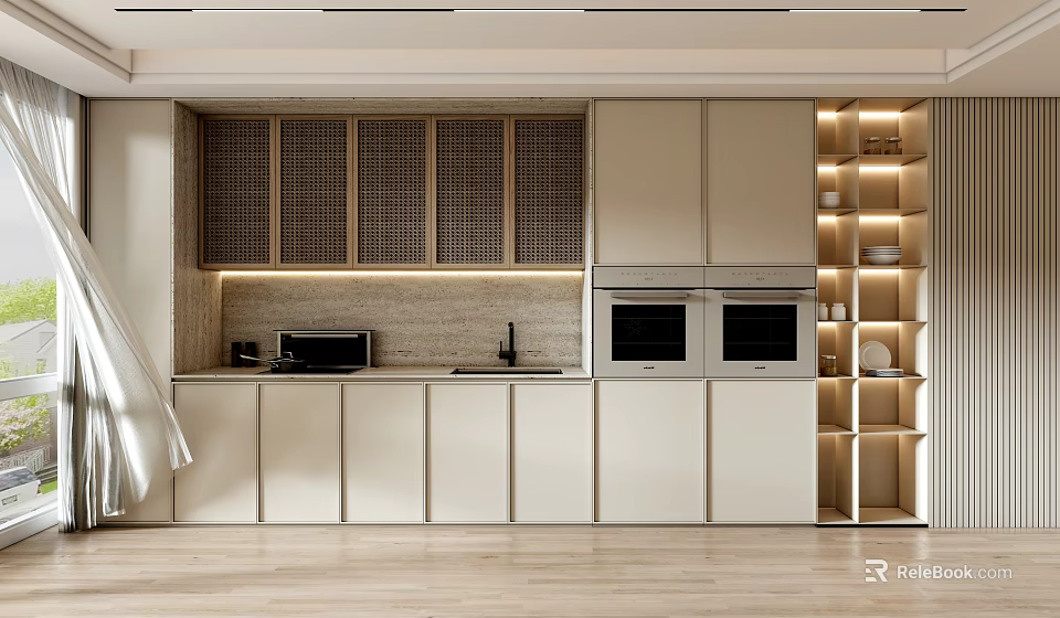 Modern Kitchen Cabinets With Light Color Wooden Slat Doors And Open Shelves 3d model 