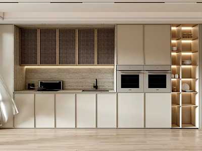 Modern Kitchen Cabinets With Light Color Wooden Slat Doors And Open Shelves 3d model