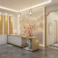 Modern Chinese Store Reception Desk With Marble Countertop Wooden Screen Red Flowers And Pendant Lights