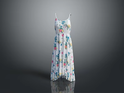 White Floral Print Spaghetti Strap Maxi Dress with Colorful Flower Patterns 3d model