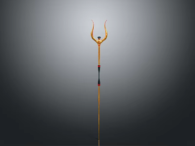 Golden Trident Weapon With Black Red Accents And Long Shaft Design 3d model