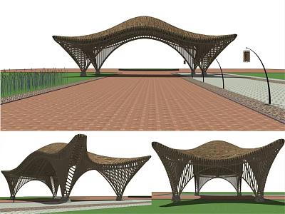 Modern Entrance Gate With Curved Canopy Metal Framework And Brick Pavement 3d model