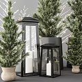 Potted Bonsai Pine Trees in Festive Indoor Decoration With Decorative Lights Lanterns And Gift Boxes