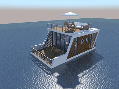 Floating Waterfront Houseboat With Wooden Deck Sunshade And Large Windows 3d model