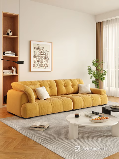Cozy Living Room Interior With Yellow Sofa White Cushions Bookshelf Wall Art And Green Plant 3d model 