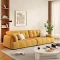 Cozy Living Room Interior With Yellow Sofa White Cushions Bookshelf Wall Art And Green Plant