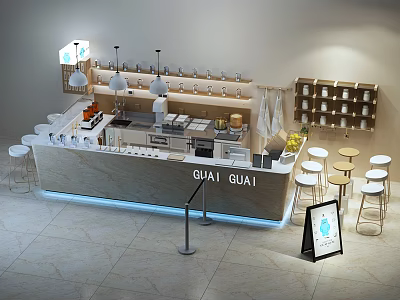 Modern Coffee Shop Bar Counter With GUAI GUAI Sign Coffee Machines Stools And Cup Shelves 3d model