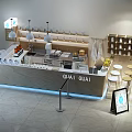 Modern Coffee Shop Bar Counter With GUAI GUAI Sign Coffee Machines Stools And Cup Shelves