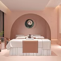 Modern Luxury SPA Room Interior With Soft Pink Lighting Round Mirror And Massage Bed