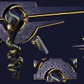 The image focuses on ornate sword hilts without any animal elements so a title with animal as the main subject cannot be generated based on the provided picture.
