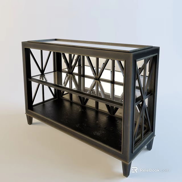 Black Entryway Console Table With Geometric Cross Frame Glass Panels And Storage Shelves Modern Design 3d model 