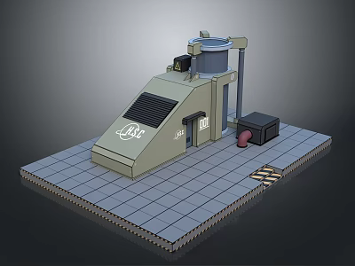 Industrial Scene Component Model With Sloped Panel Cylindrical Tower Black Boxes And Grid Floor Tiles 3d model