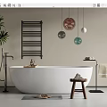 White Bathtub In Modern Bathroom With Wooden Stool Towels Black Radiator And Hanging Decorative Balls