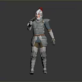 Man In Medieval Full Body Armor With Red Helmet Standing Against Gray Background