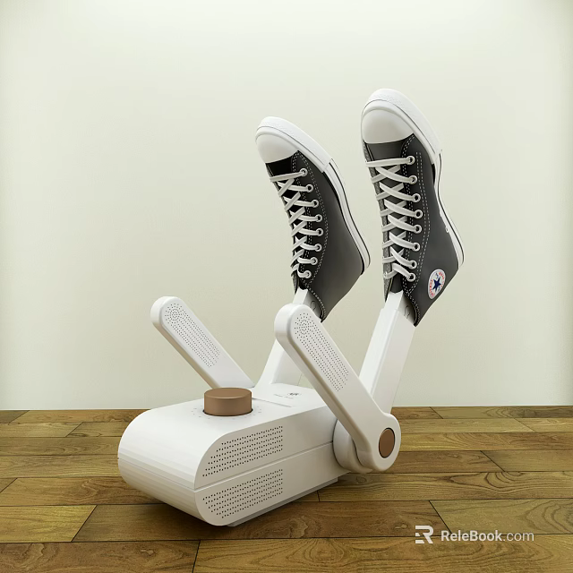 White Electric Shoe Dryer With Two Holders Holding Black Shoes On Wooden Floor 3d model 