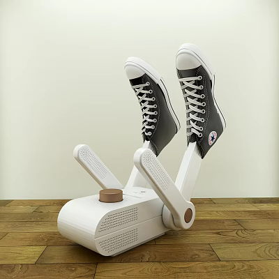 White Electric Shoe Dryer With Two Holders Holding Black Shoes On Wooden Floor 3d model