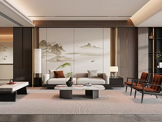 New Chinese Style Living Room Sofa Coffee Table Combination Green Plant Ornaments Table Lamp Background Wall 3d model