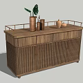 Wooden Entryway Console Table With Vertical Slat Design Metal Rail Decorative Vases And Green Plant