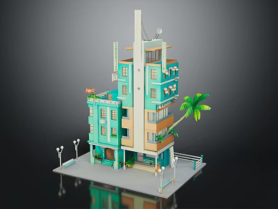 Colorful Multi Story Building Model With Teal Beige Exterior Balconies And Palm Tree 3d model