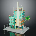 Colorful Multi Story Building Model With Teal Beige Exterior Balconies And Palm Tree