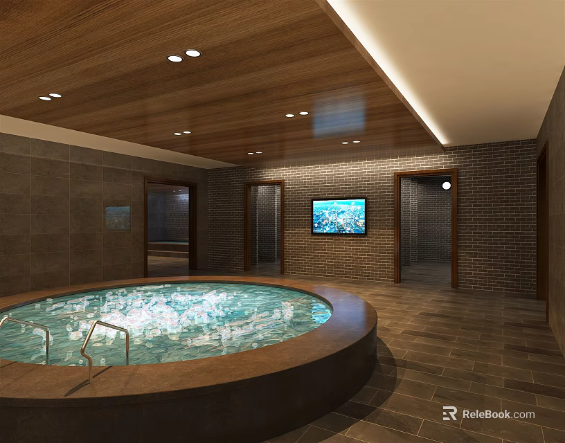 Modern SPA Sauna Interior With Circular Pool Wooden Ceiling Brick Walls And TV Screen 3d model 